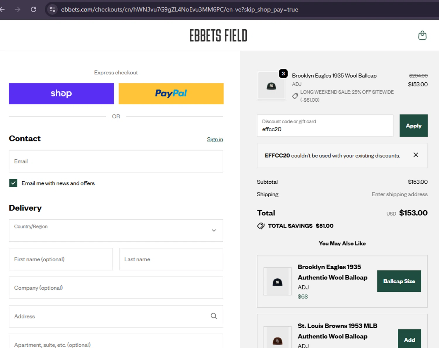 Ebbets Field Flannels discount code screenshot showing code effcc20 applied at Ebbets Field Flannels checkout page. Uploaded by SimplyCodes community member elgatobravo on Oct 9, 2025