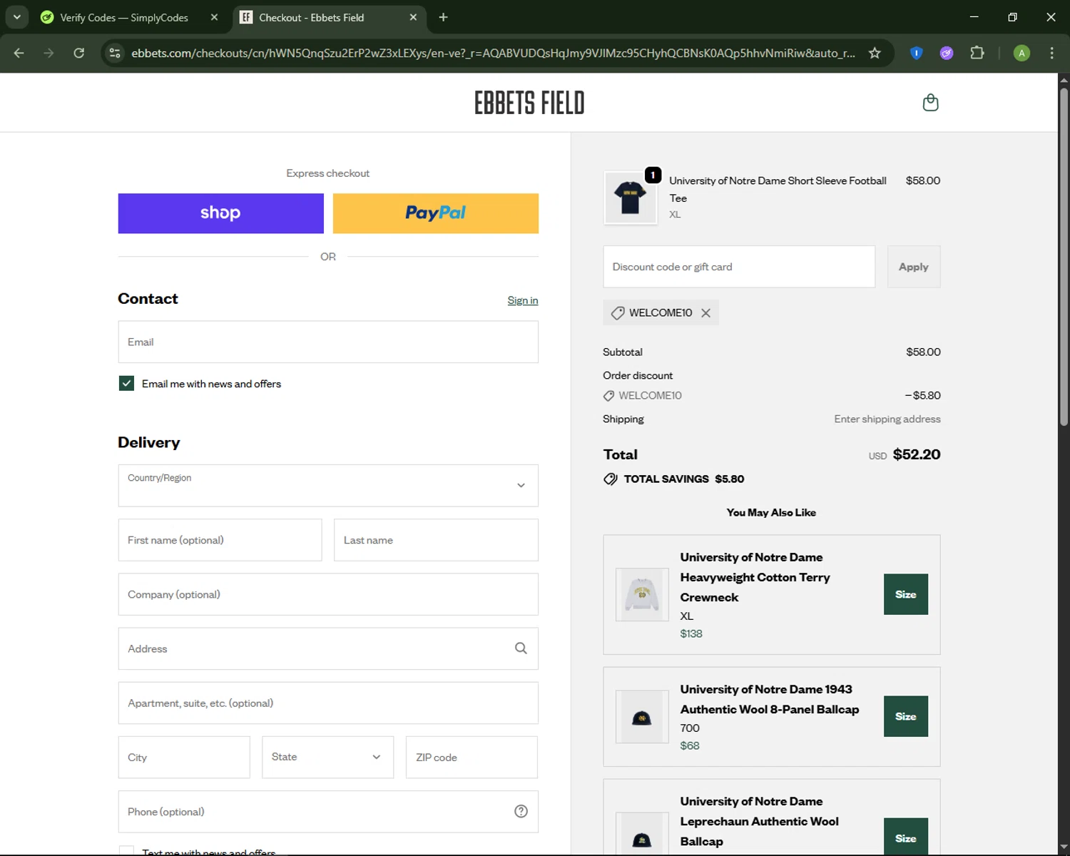 Ebbets Field Flannels discount code screenshot showing code WELCOME10 applied at Ebbets Field Flannels checkout page. Uploaded by SimplyCodes community member MagnificentSaver708 on Nov 18, 2025