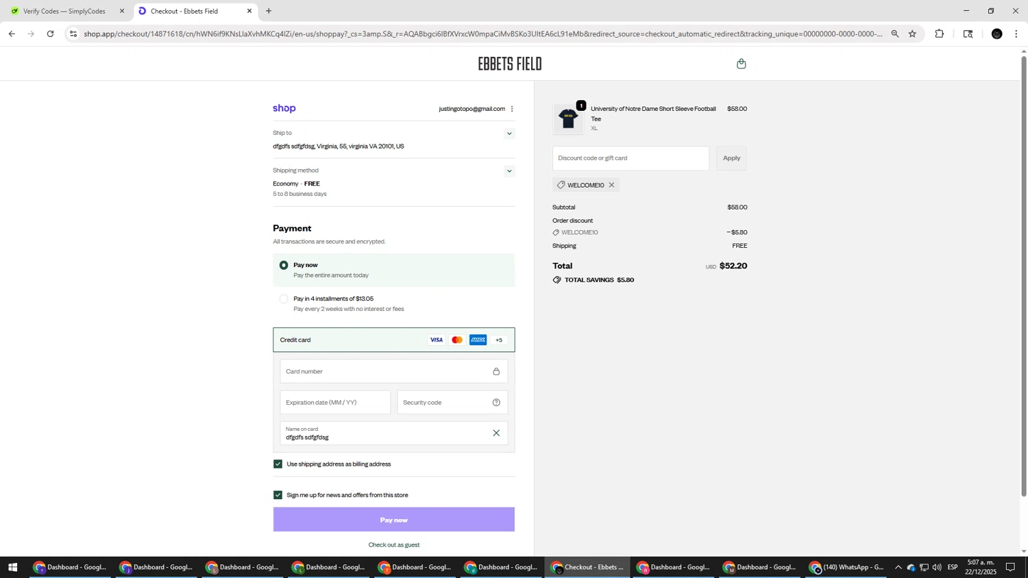 Ebbets Field Flannels discount code screenshot showing code WELCOME10 applied at Ebbets Field Flannels checkout page. Uploaded by SimplyCodes community member Salometta on Dec 22, 2025