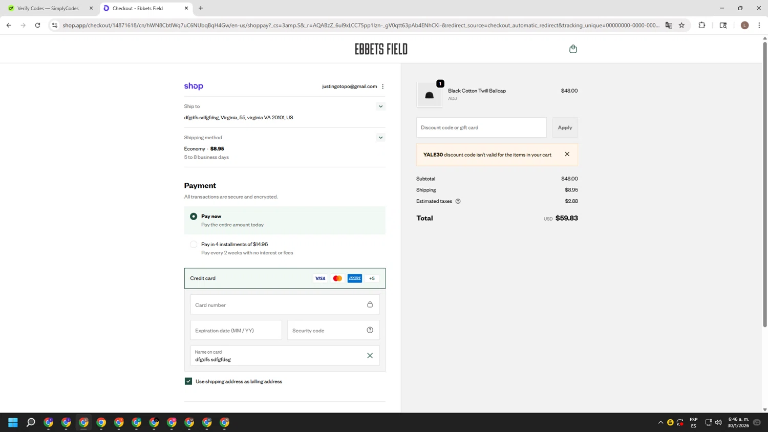 Ebbets Field Flannels discount code screenshot showing code YALE30 applied at Ebbets Field Flannels checkout page. Uploaded by SimplyCodes community member BENELLI on Jan 30, 2026
