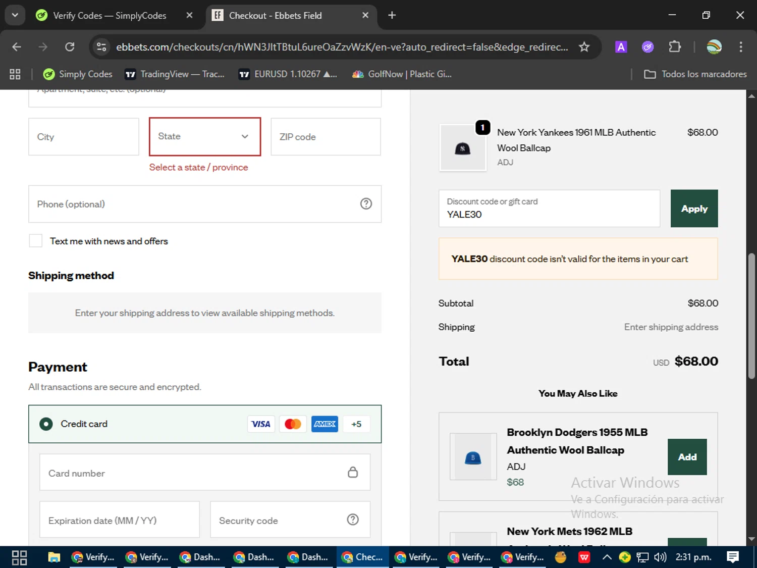 Ebbets Field Flannels discount code screenshot showing code YALE30 applied at Ebbets Field Flannels checkout page. Uploaded by SimplyCodes community member CoinMaven5220 on Sep 23, 2025