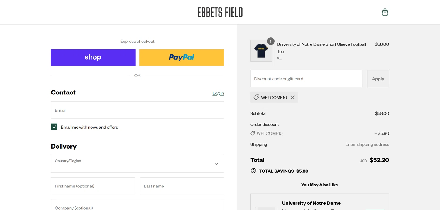 Ebbets Field Flannels discount code screenshot showing code WELCOME10 applied at Ebbets Field Flannels checkout page. Uploaded by SimplyCodes community member Dorothy on Aug 14, 2025