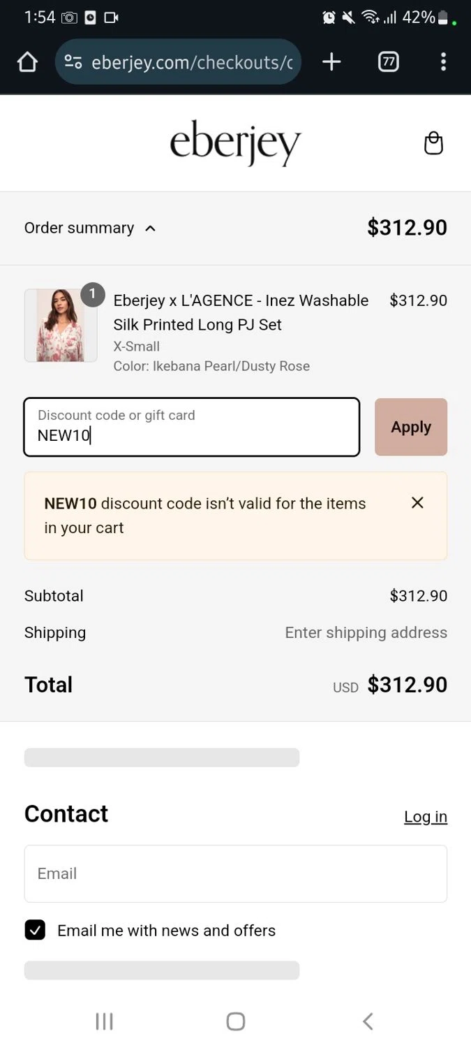 Eberjey discount code screenshot showing code NEW10 applied at Eberjey checkout page. Uploaded by SimplyCodes community member Jose29 on Feb 4, 2025
