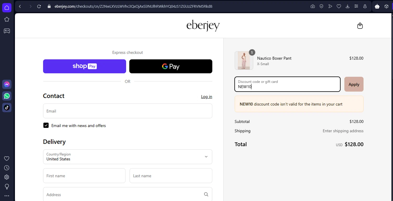 Eberjey discount code screenshot showing code NEW10 applied at Eberjey checkout page. Uploaded by SimplyCodes community member TokenFinder6469 on Apr 12, 2025