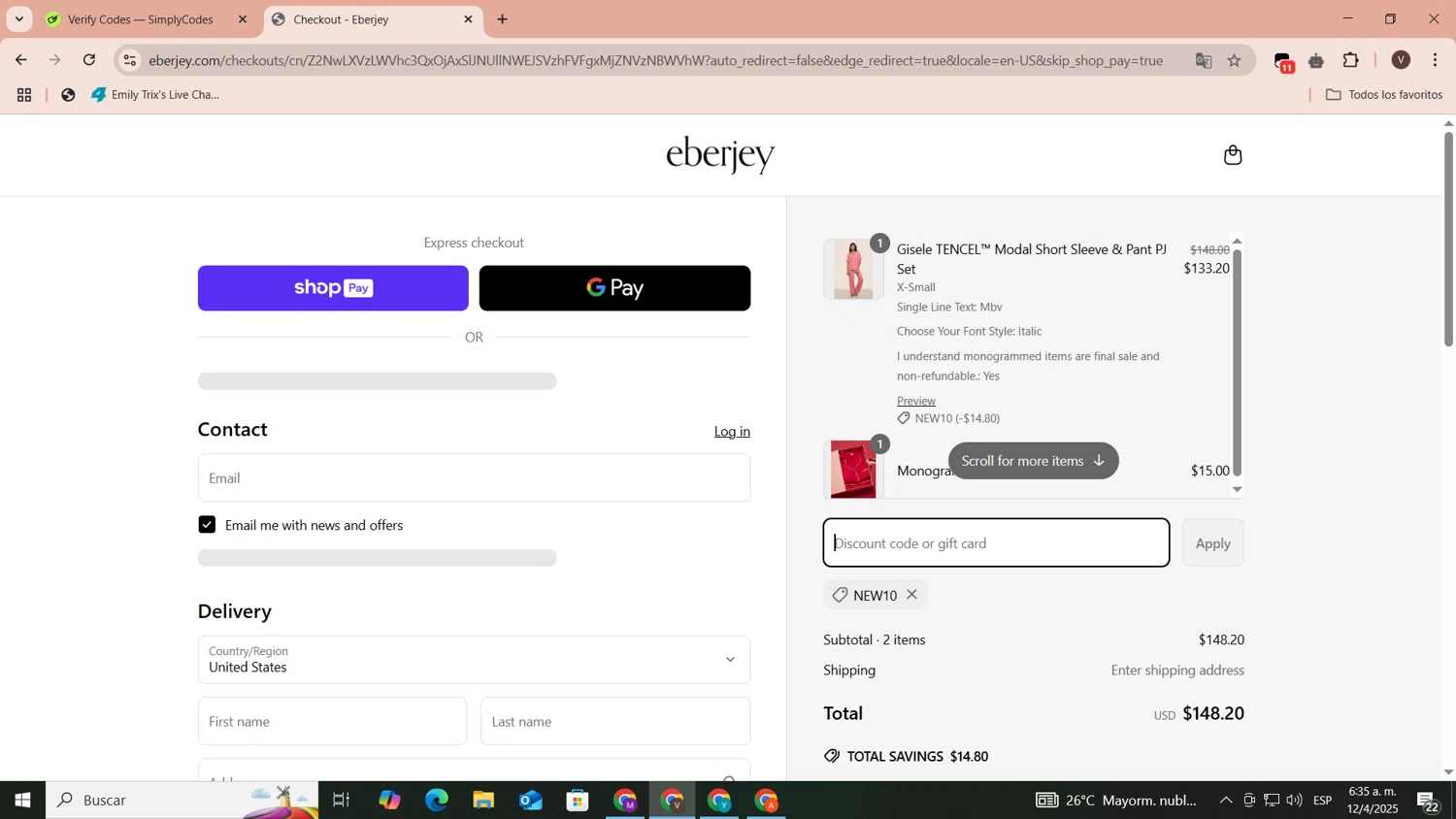 Eberjey discount code screenshot showing code NEW10 applied at Eberjey checkout page. Uploaded by SimplyCodes community member CoinLegend1707 on Apr 12, 2025