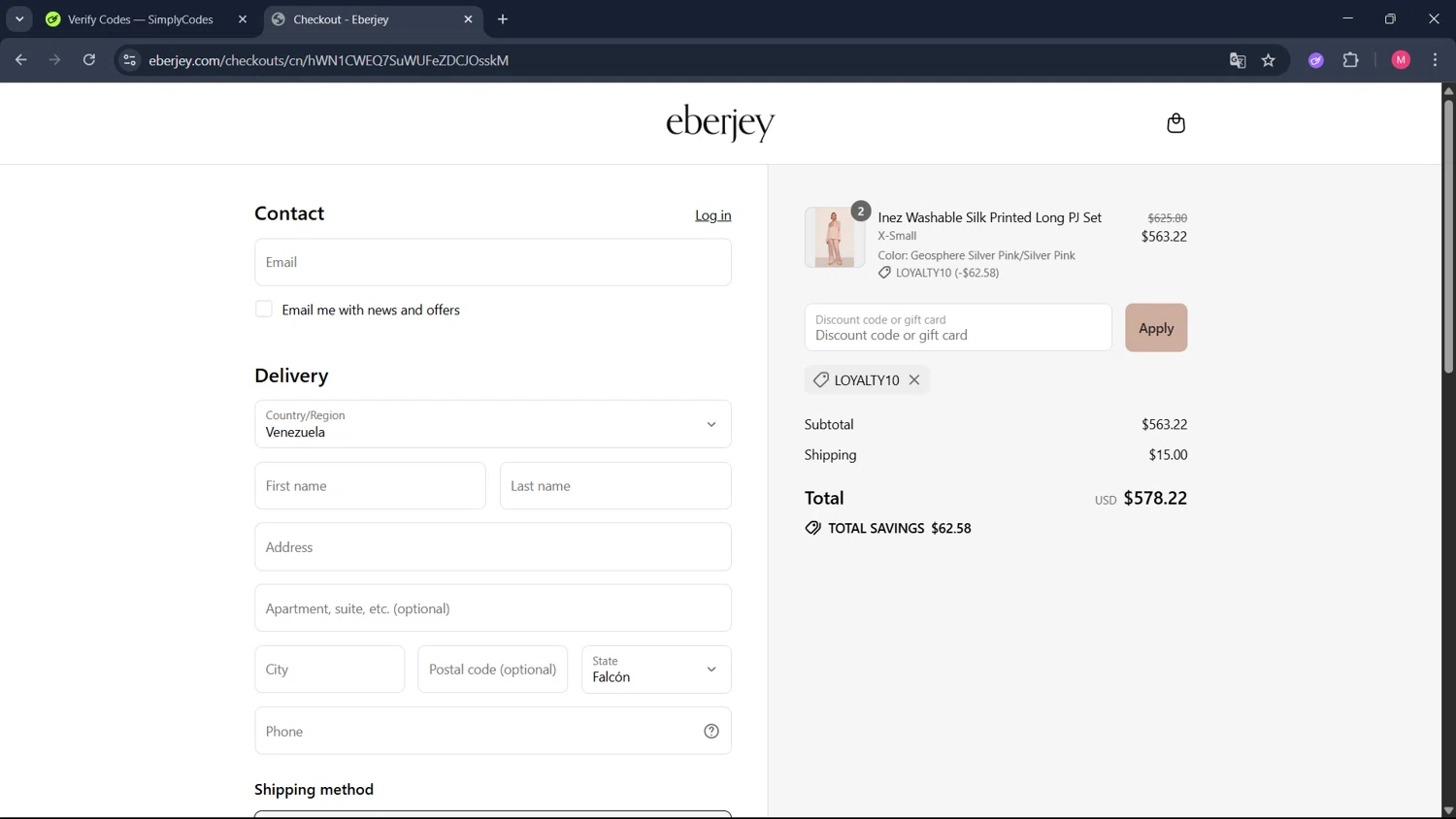 Eberjey discount code screenshot showing code Loyalty10 applied at Eberjey checkout page. Uploaded by SimplyCodes community member ValueCollector4159 on Jul 30, 2025