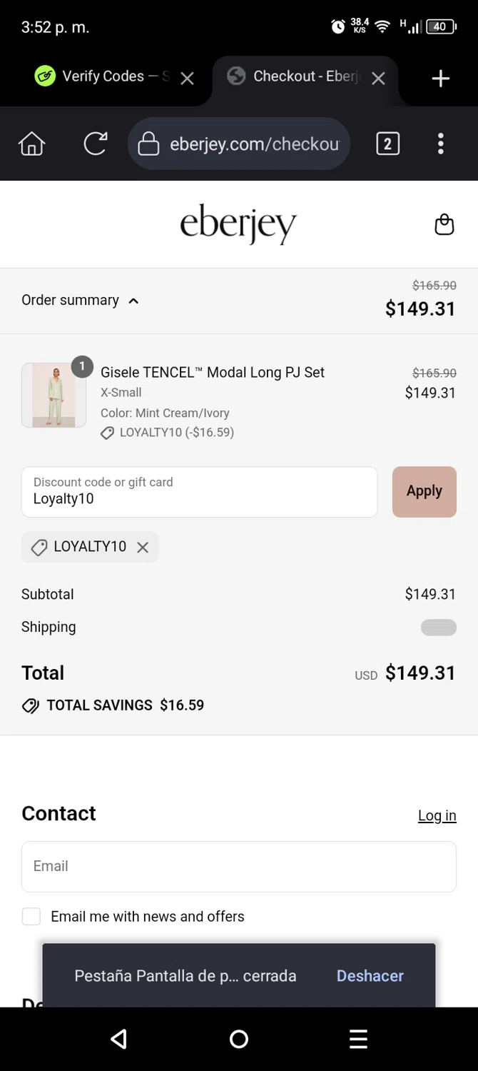 Eberjey discount code screenshot showing code Loyalty10 applied at Eberjey checkout page. Uploaded by SimplyCodes community member s3v3nmk on Jul 29, 2025