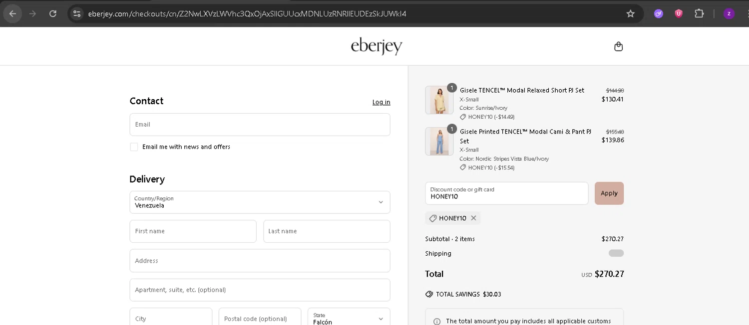 Eberjey discount code screenshot showing code HONEY10 applied at Eberjey checkout page. Uploaded by SimplyCodes community member BonusPro7395 on Jun 24, 2025
