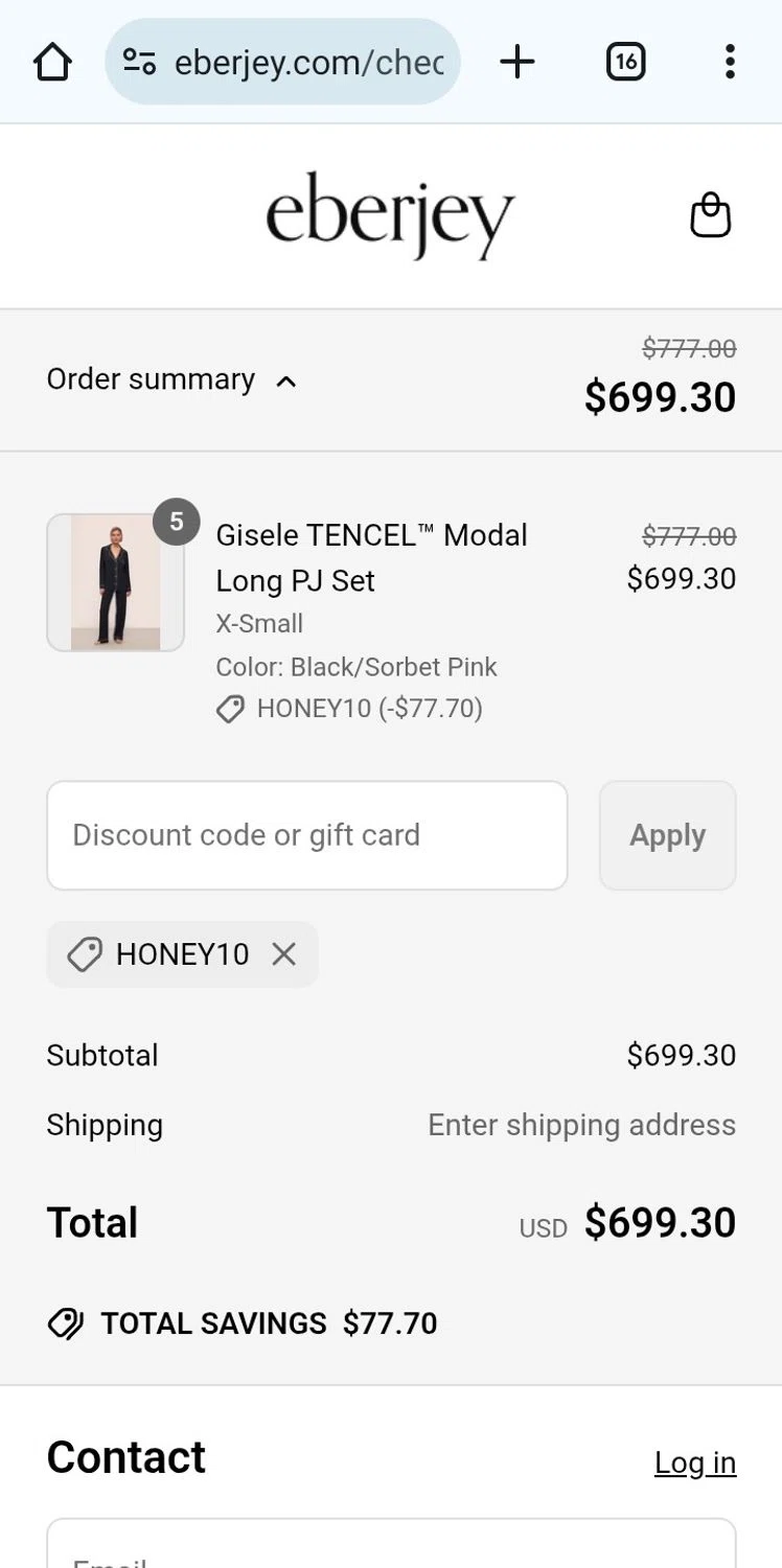Eberjey discount code screenshot showing code HONEY10 applied at Eberjey checkout page. Uploaded by SimplyCodes community member Kikaaa on May 20, 2025