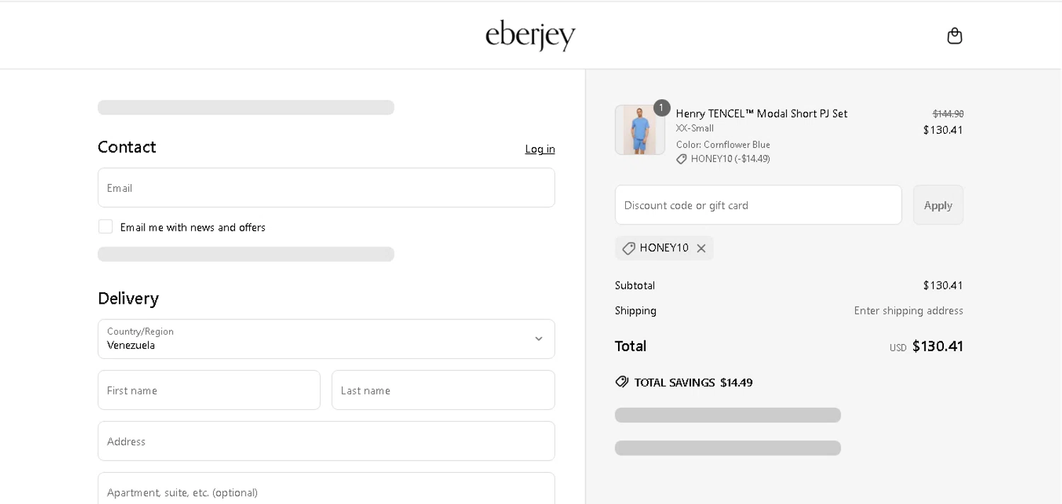 Eberjey discount code screenshot showing code HONEY10 applied at Eberjey checkout page. Uploaded by SimplyCodes community member xHRxUltrax on May 31, 2025
