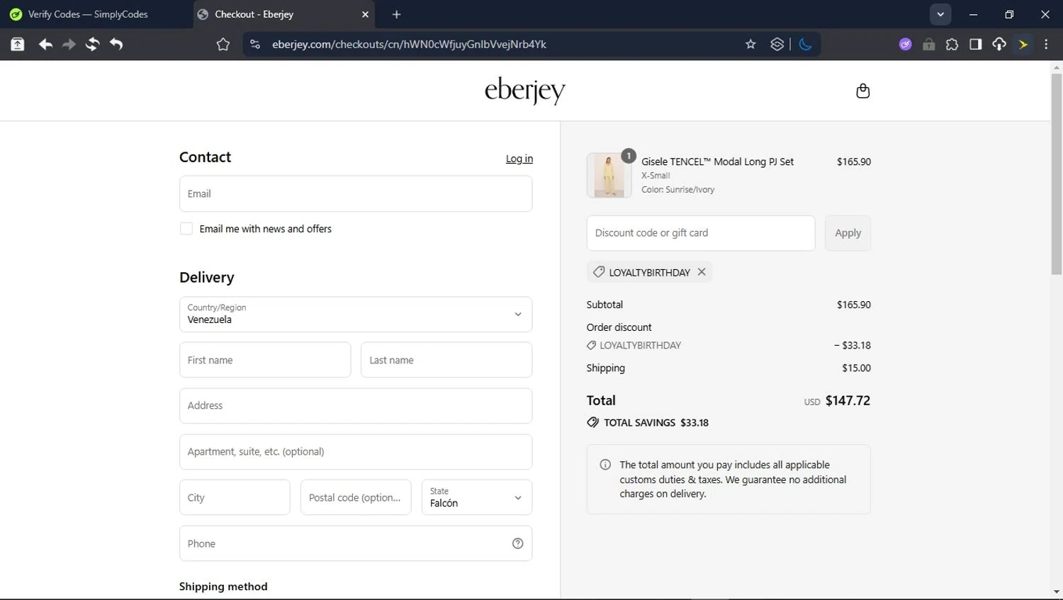 Eberjey discount code screenshot showing code LOYALTYBIRTHDAY applied at Eberjey checkout page. Uploaded by SimplyCodes community member DealVirtuoso2241 on Jul 14, 2025