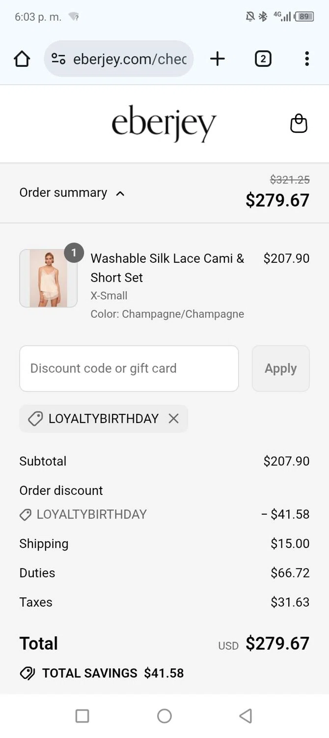 Eberjey discount code screenshot showing code LOYALTYBIRTHDAY applied at Eberjey checkout page. Uploaded by SimplyCodes community member jfromvzla on Jul 25, 2025