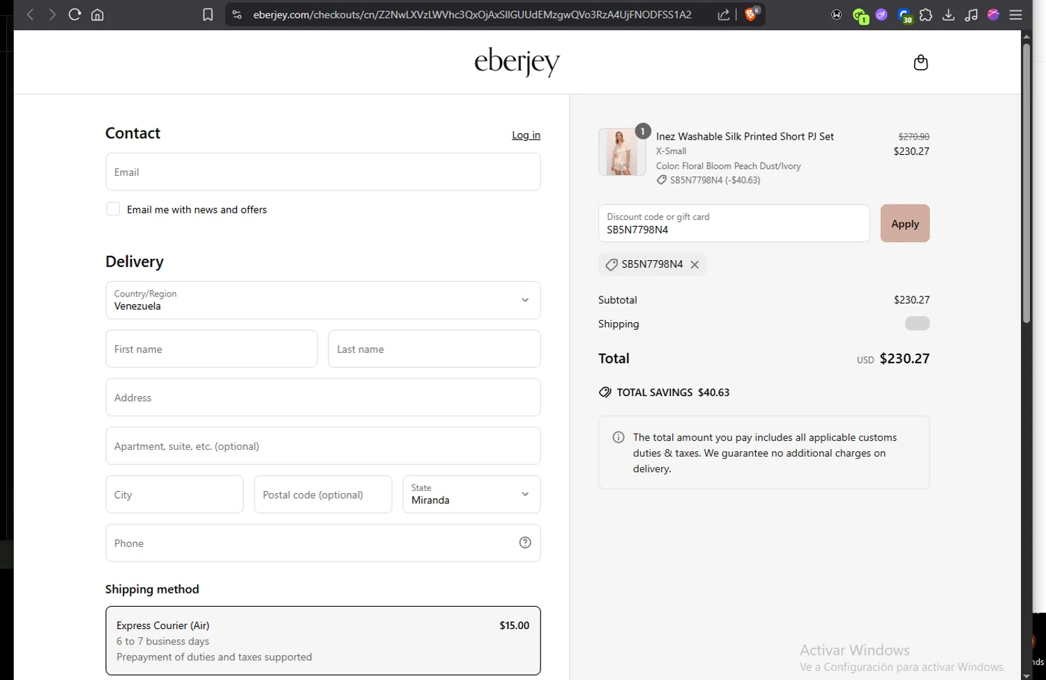 Eberjey discount code screenshot showing code SB5N7798N4 applied at Eberjey checkout page. Uploaded by SimplyCodes community member Jmhernand1 on Jun 24, 2025