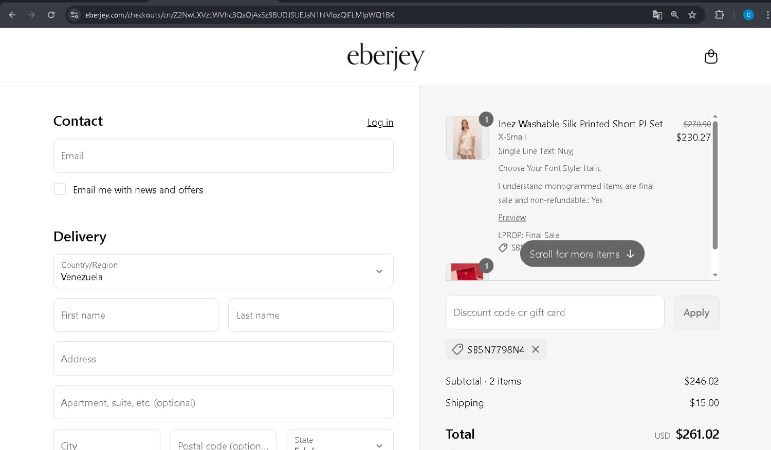 Eberjey discount code screenshot showing code SB5N7798N4 applied at Eberjey checkout page. Uploaded by SimplyCodes community member PromoBoss9319 on Jul 16, 2025