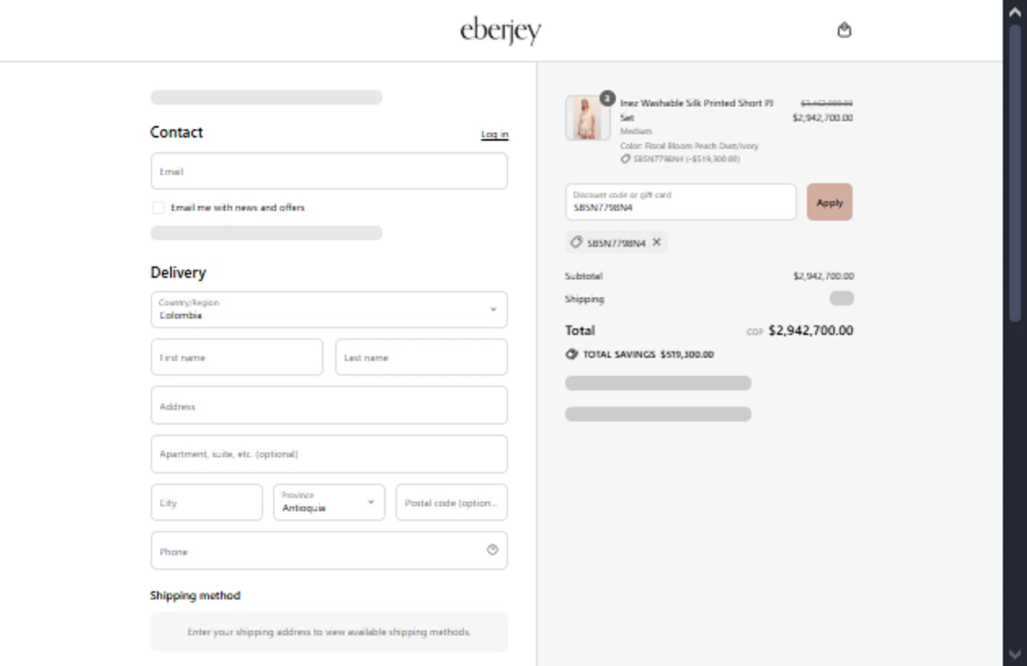 Eberjey discount code screenshot showing code SB5N7798N4 applied at Eberjey checkout page. Uploaded by SimplyCodes community member TraxoGamer on Aug 4, 2025