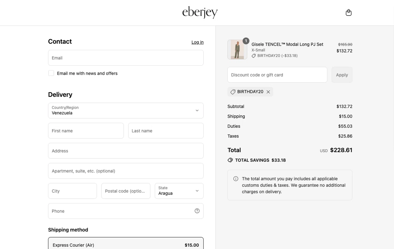 Eberjey discount code screenshot showing code BIRTHDAY20 applied at Eberjey checkout page. Uploaded by SimplyCodes community member ELOIN777 on Aug 9, 2025