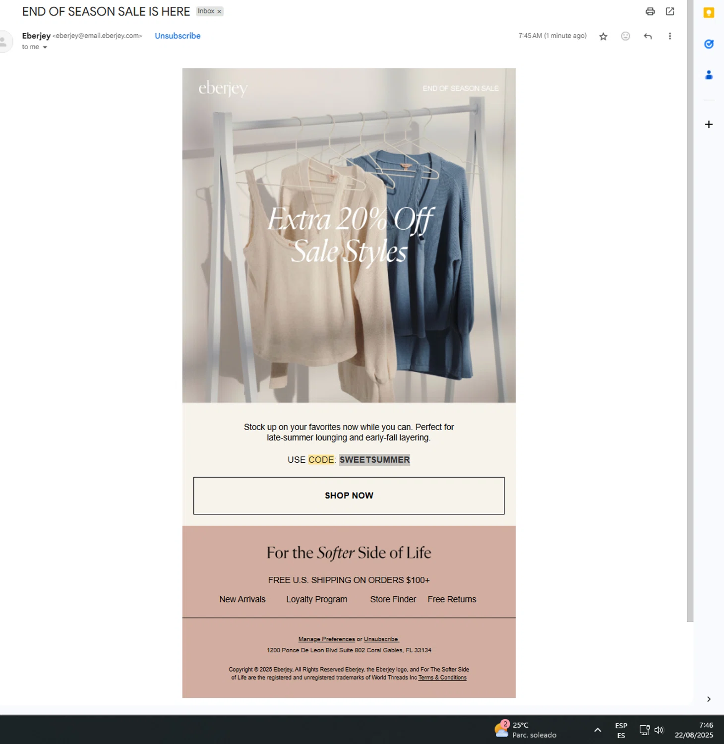 Eberjey discount code screenshot showing code SWEETSUMMER applied at Eberjey checkout page. Uploaded by SimplyCodes community member UnkNownVnzla on Aug 22, 2025