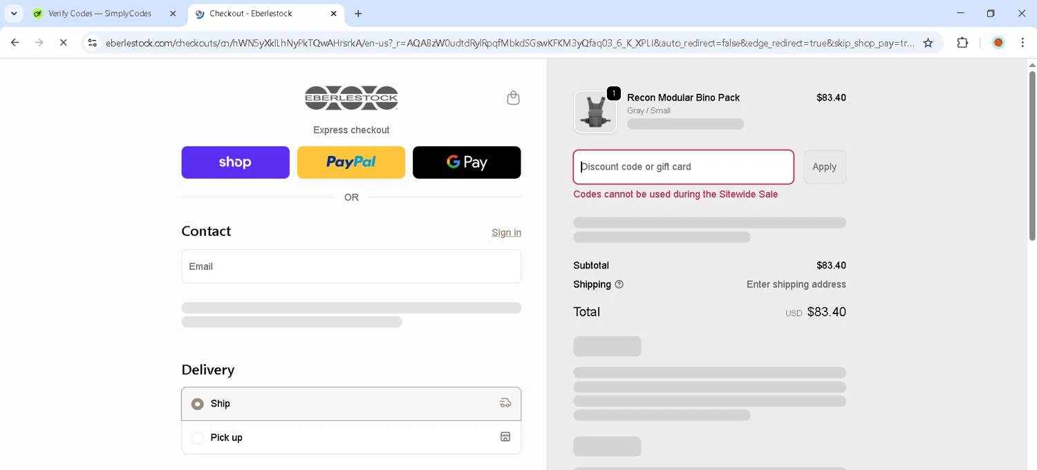 Eberlestock discount code screenshot showing code 15BRCC applied at Eberlestock checkout page. Uploaded by SimplyCodes community member MadaraUchiha07 on Dec 2, 2025