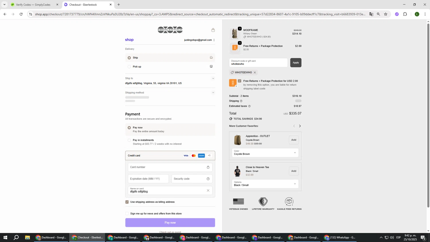 Eberlestock discount code screenshot showing code whoteewho applied at Eberlestock checkout page. Uploaded by SimplyCodes community member DUCATI on Oct 26, 2025