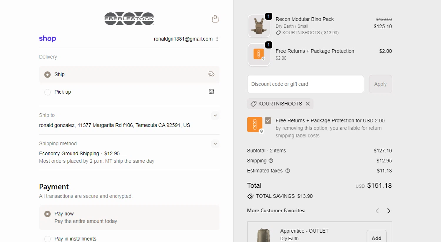 Eberlestock discount code screenshot showing code KOURTNISHOOTS applied at Eberlestock checkout page. Uploaded by SimplyCodes community member Ronald on Oct 26, 2025