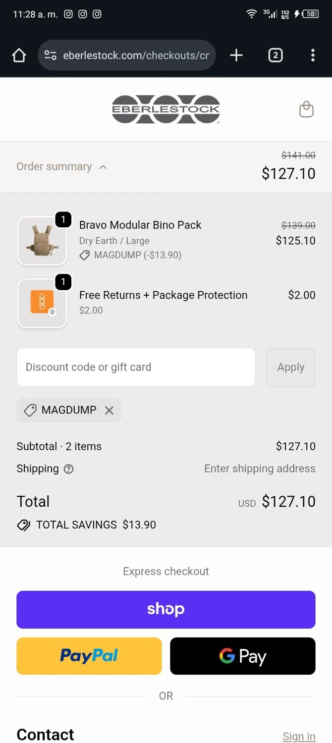 Eberlestock discount code screenshot showing code MAGDUMP applied at Eberlestock checkout page. Uploaded by SimplyCodes community member Sasuk3 on Oct 27, 2025