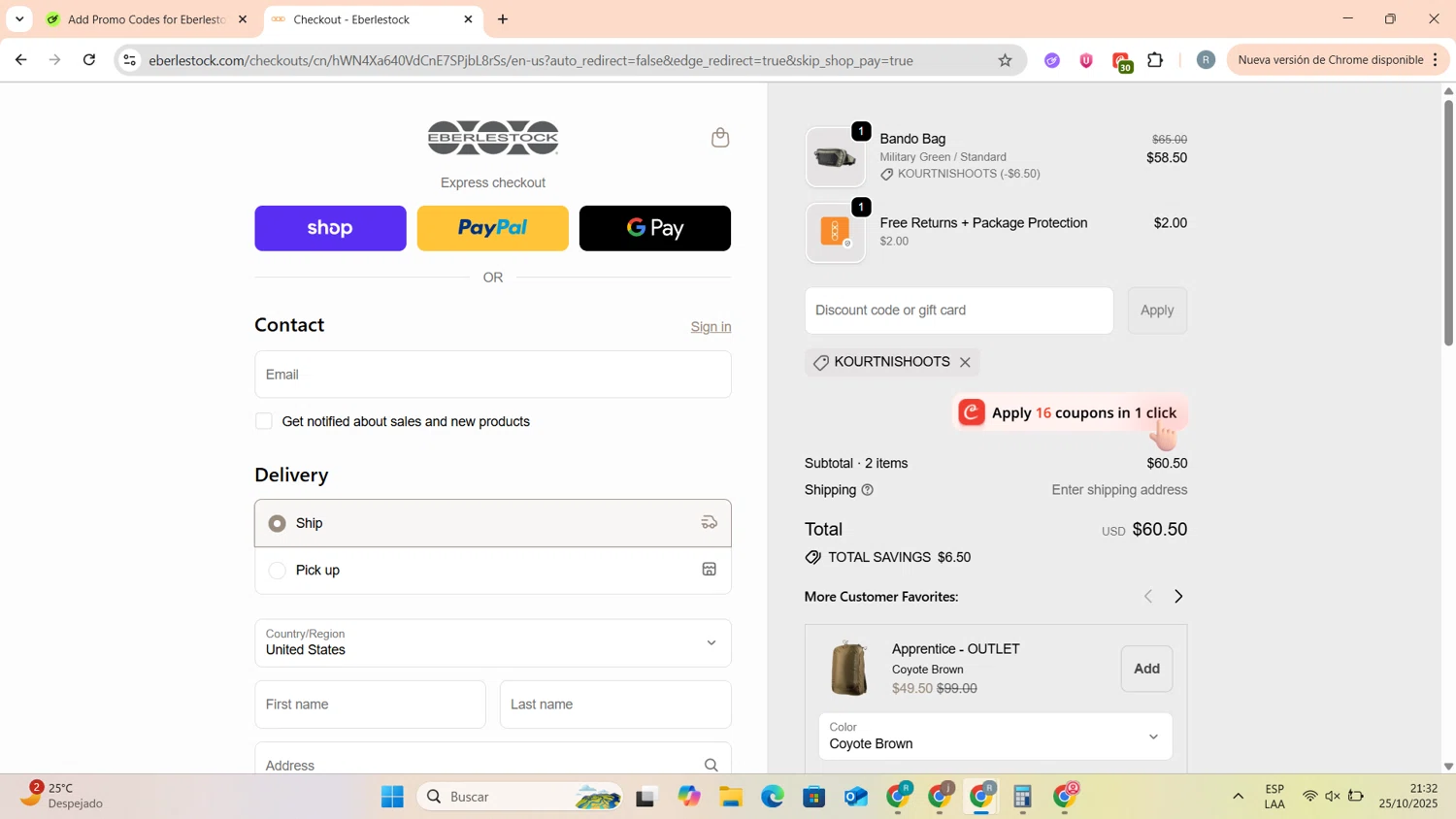 Eberlestock discount code screenshot showing code KOURTNISHOOTS applied at Eberlestock checkout page. Uploaded by SimplyCodes community member DealAdmiral5466 on Oct 26, 2025