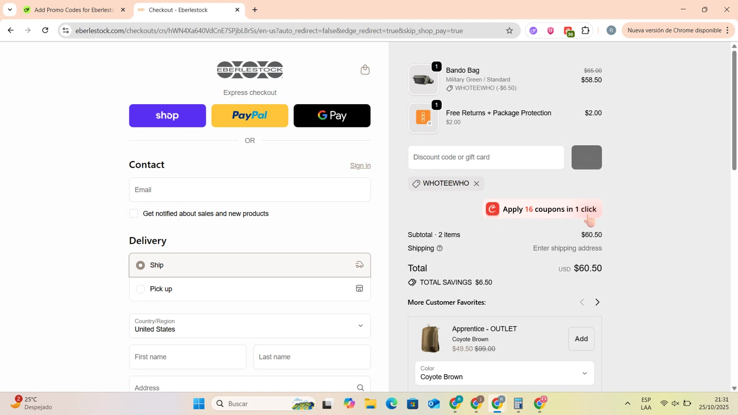 Eberlestock discount code screenshot showing code whoteewho applied at Eberlestock checkout page. Uploaded by SimplyCodes community member DealAdmiral5466 on Oct 26, 2025