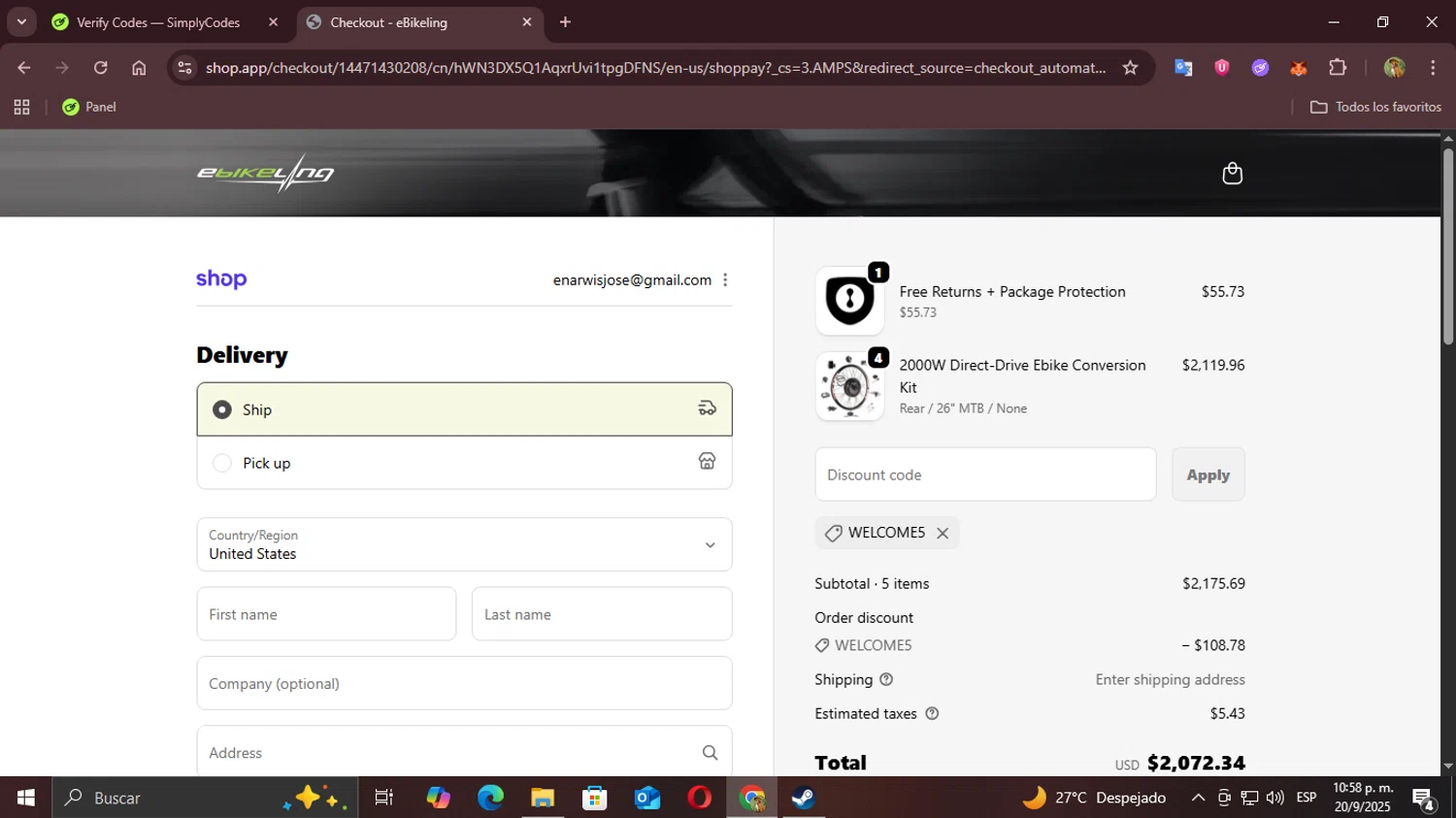 eBikeling discount code screenshot showing code WELCOME5 applied at eBikeling checkout page. Uploaded by SimplyCodes community member Demogorgon on Sep 21, 2025