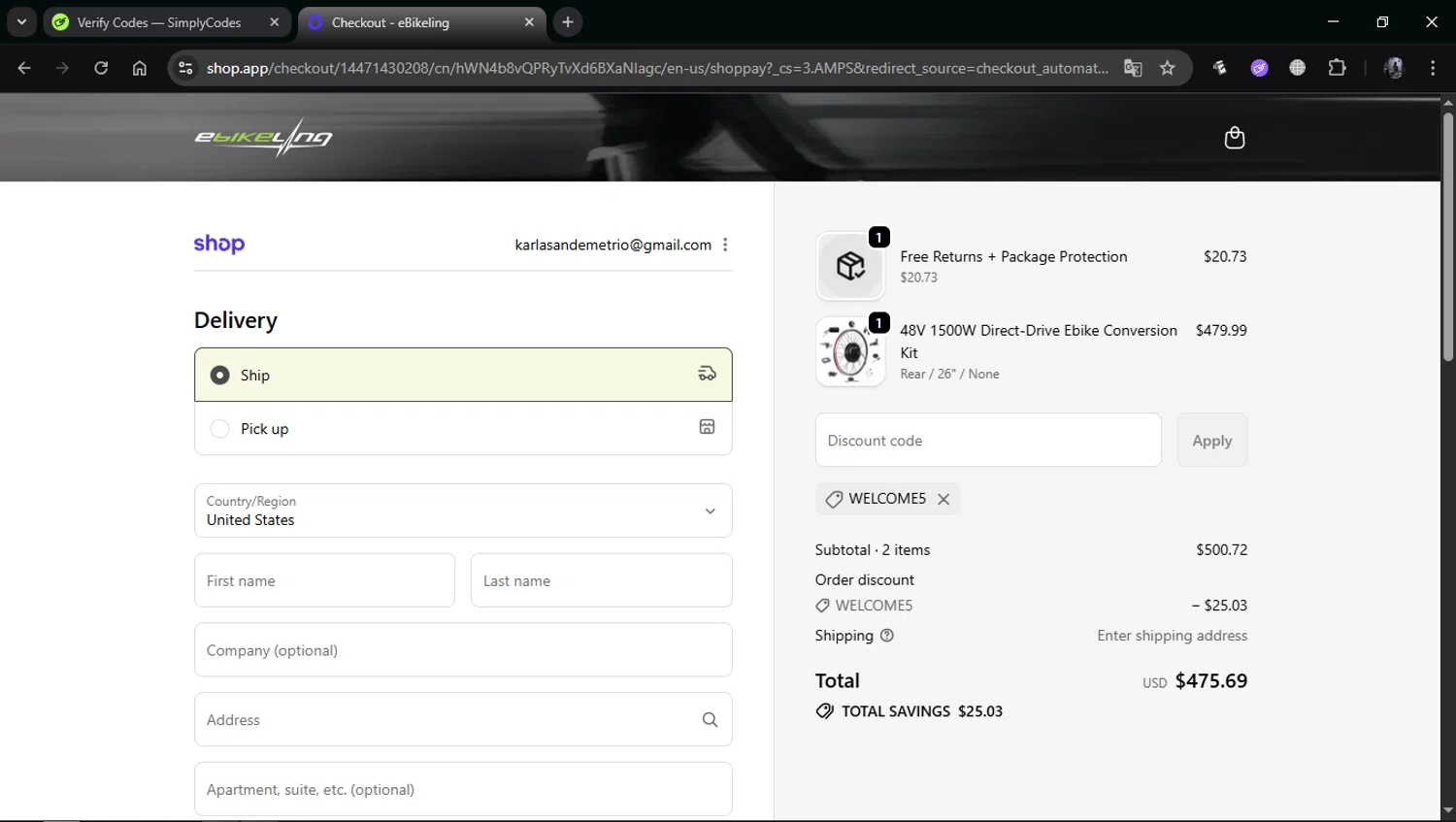 eBikeling discount code screenshot showing code WELCOME5 applied at eBikeling checkout page. Uploaded by SimplyCodes community member ErnestoLoMasca on Oct 27, 2025