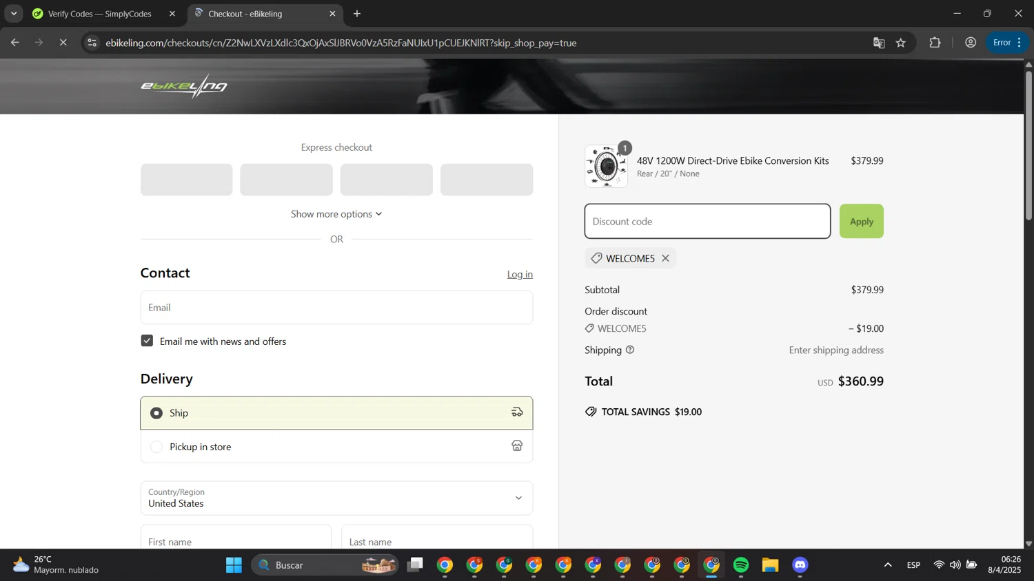 eBikeling discount code screenshot showing code WELCOME5 applied at eBikeling checkout page. Uploaded by SimplyCodes community member gengarpirone292ca7 on Apr 8, 2025