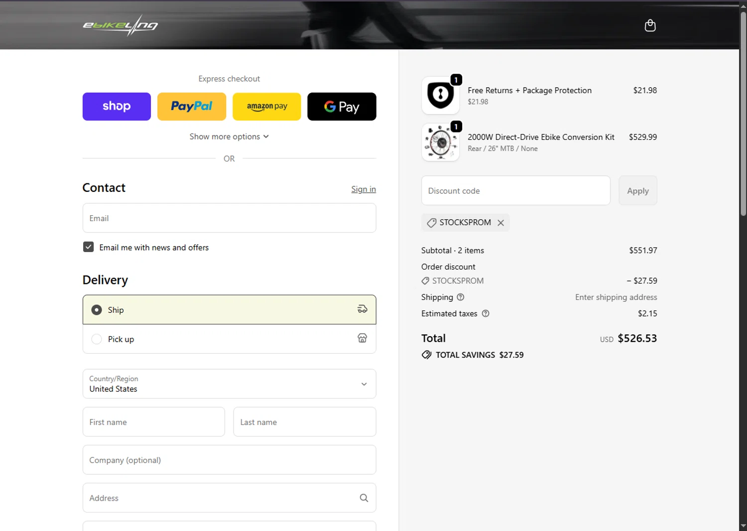 eBikeling discount code screenshot showing code STOCKSPROM applied at eBikeling checkout page. Uploaded by SimplyCodes community member SalePhoenix2220 on Oct 3, 2025
