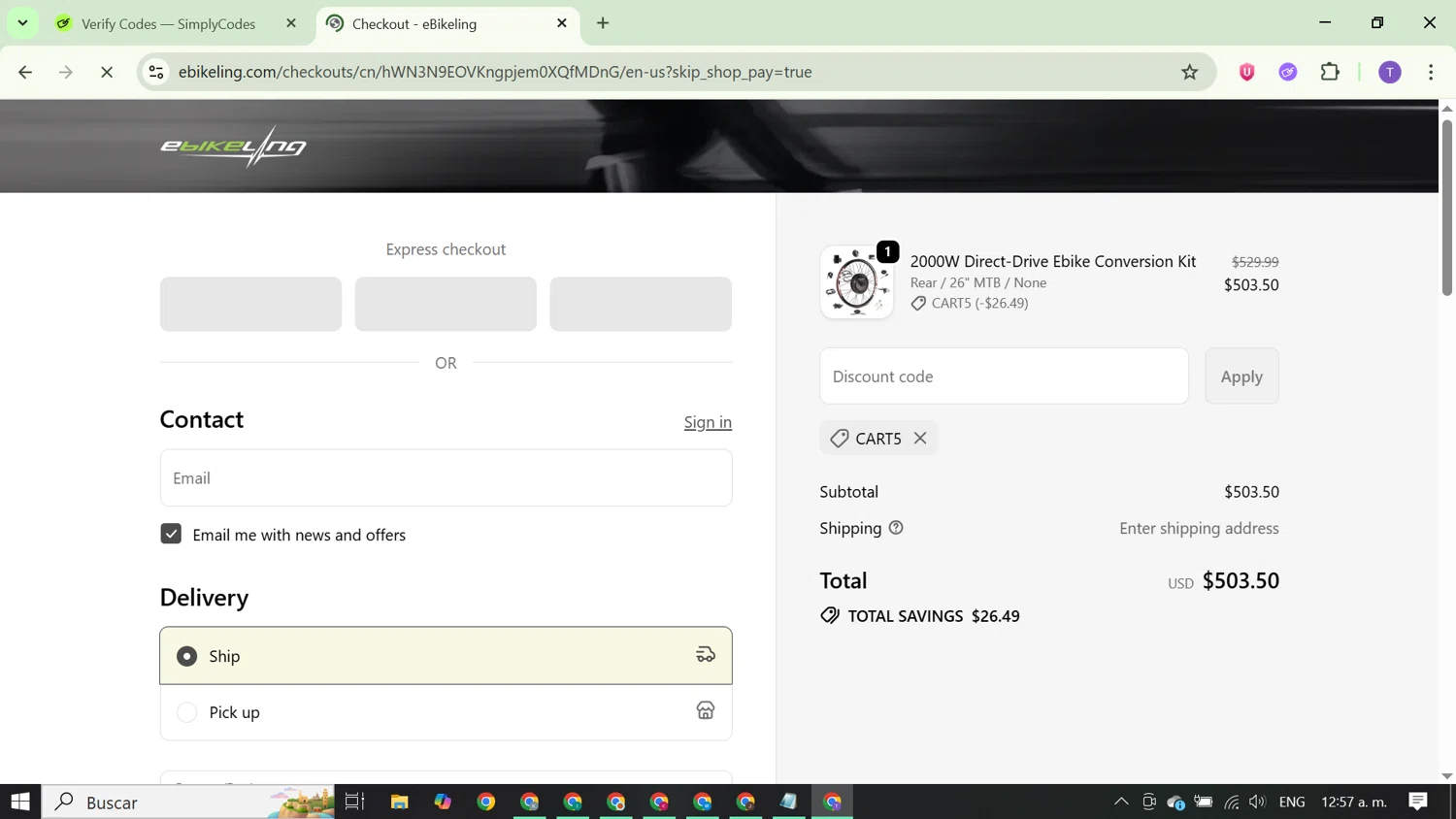 eBikeling discount code screenshot showing code CART5 applied at eBikeling checkout page. Uploaded by SimplyCodes community member FortunateCurator5882 on Sep 25, 2025