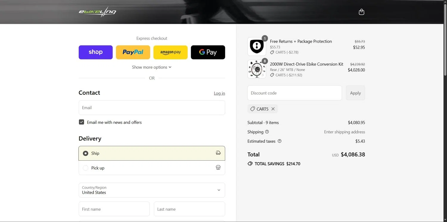 eBikeling discount code screenshot showing code CART5 applied at eBikeling checkout page. Uploaded by SimplyCodes community member Depressive on Sep 5, 2025