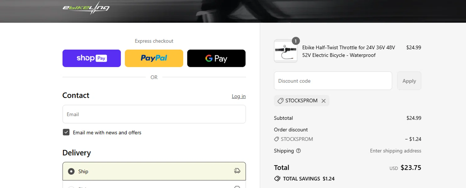 eBikeling discount code screenshot showing code STOCKSPROM applied at eBikeling checkout page. Uploaded by SimplyCodes community member ashe1986 on Aug 19, 2025
