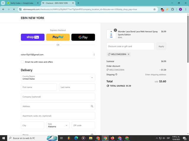 Ebin New York checkout page showing Ebin New York discount code box | Screenshot taken by SimplyCodes community member on Aug 15, 2025