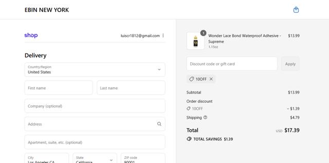 Ebin New York checkout page showing Ebin New York discount code box | Screenshot taken by SimplyCodes community member on Sep 2, 2025