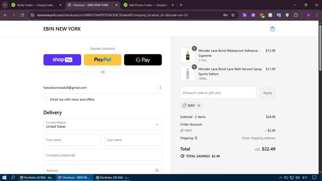 Ebin New York checkout page showing Ebin New York discount code box | Screenshot taken by SimplyCodes community member on Jul 30, 2025