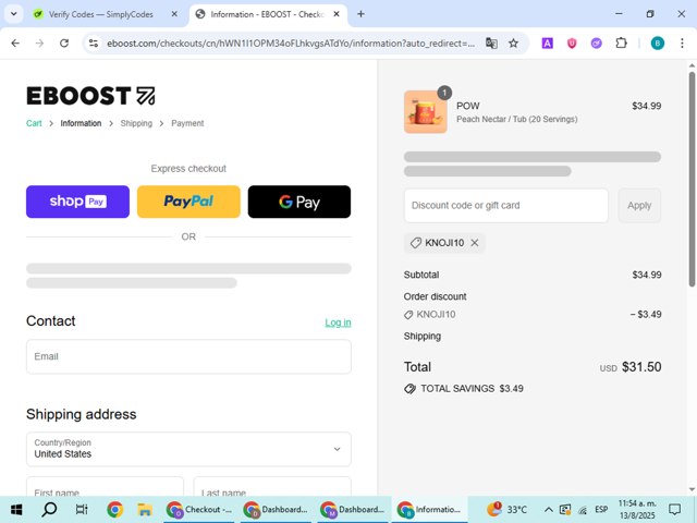 Eboost checkout page showing Eboost promo code box | Screenshot taken by SimplyCodes community member on Aug 13, 2025