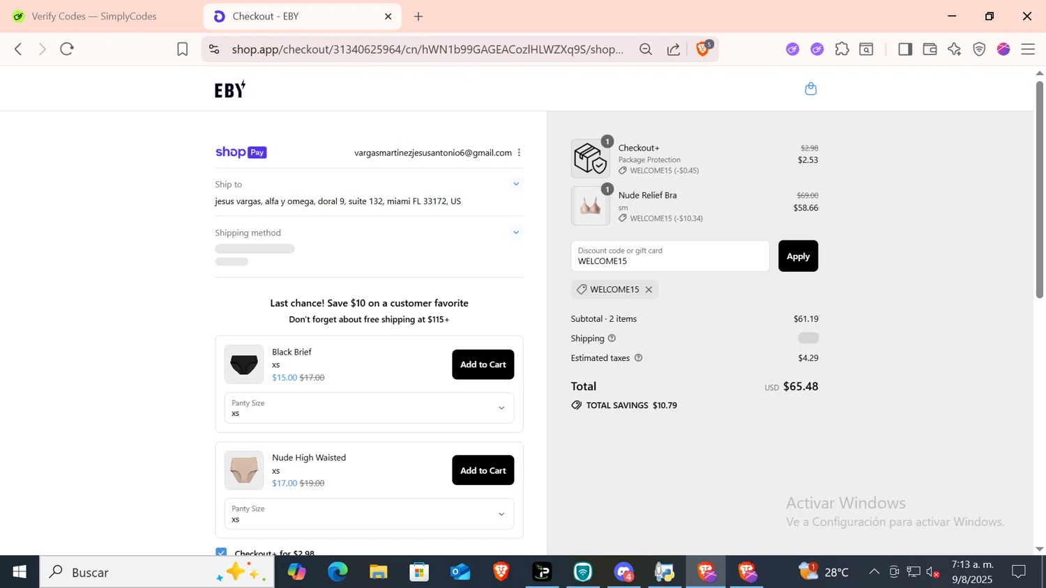 EBY discount code screenshot showing code WELCOME15 applied at EBY checkout page. Uploaded by SimplyCodes community member SKAYNE1 on Aug 9, 2025