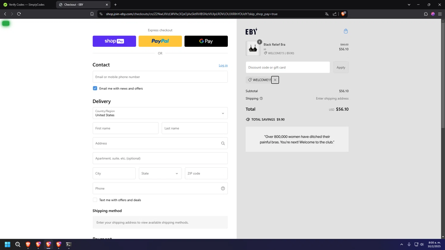 EBY discount code screenshot showing code WELCOME15 applied at EBY checkout page. Uploaded by SimplyCodes community member SALCHICHA on Feb 10, 2025