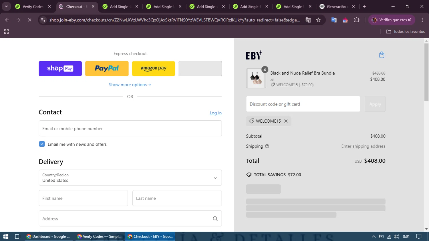 EBY discount code screenshot showing code WELCOME15 applied at EBY checkout page. Uploaded by SimplyCodes community member royershumberto on Feb 10, 2025