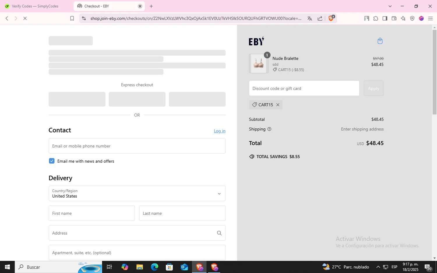 EBY discount code screenshot showing code CART15 applied at EBY checkout page. Uploaded by SimplyCodes community member CodeLynx5272 on Feb 19, 2025