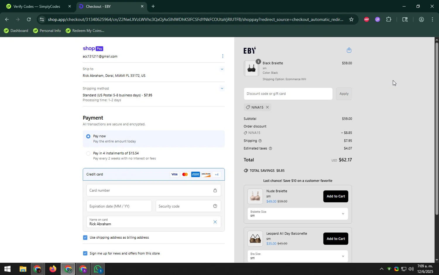 EBY discount code screenshot showing code nina15 applied at EBY checkout page. Uploaded by SimplyCodes community member LHaunter on Jun 12, 2025
