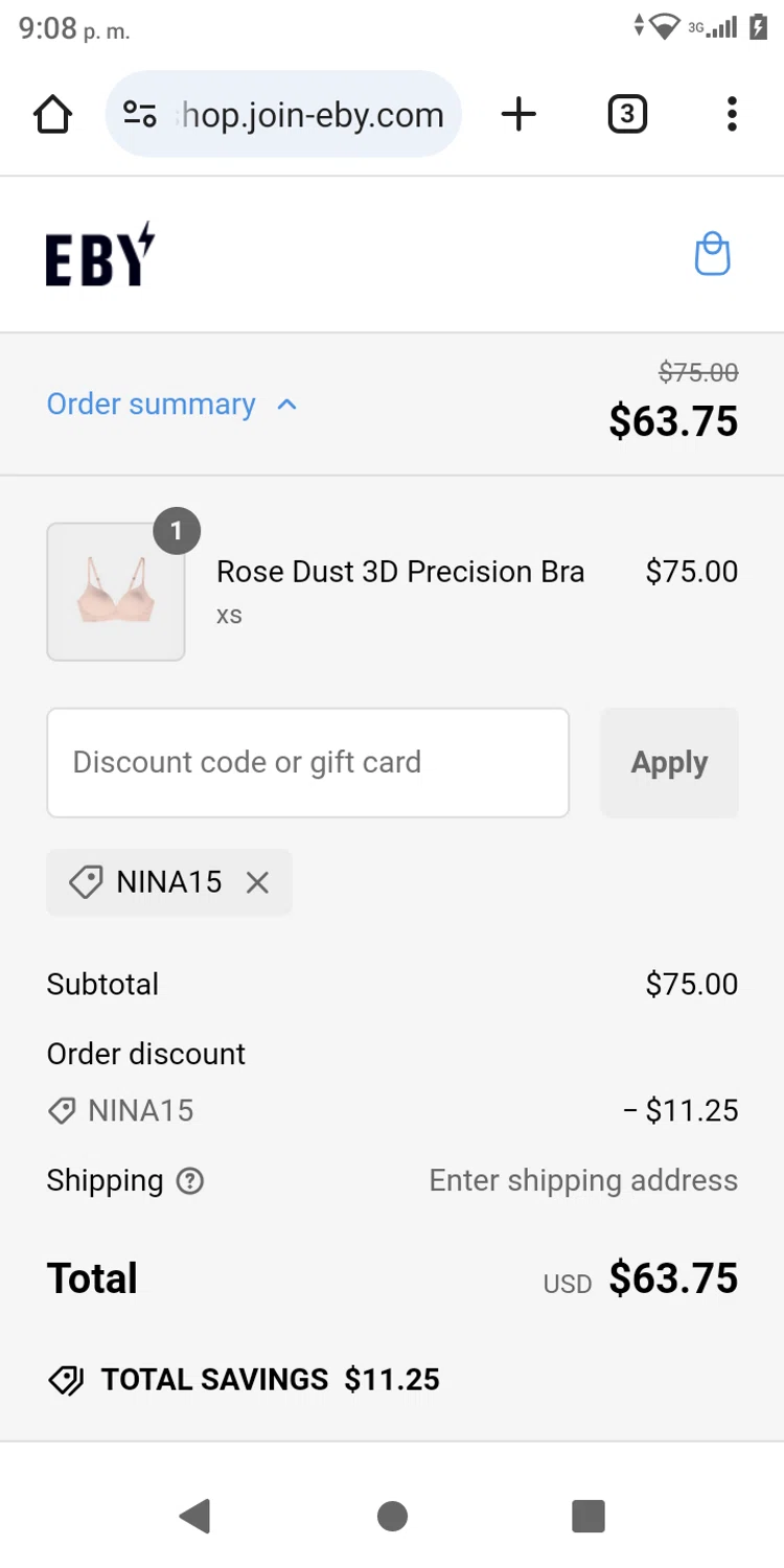 EBY discount code screenshot showing code nina15 applied at EBY checkout page. Uploaded by SimplyCodes community member franksanchez on Jan 16, 2025