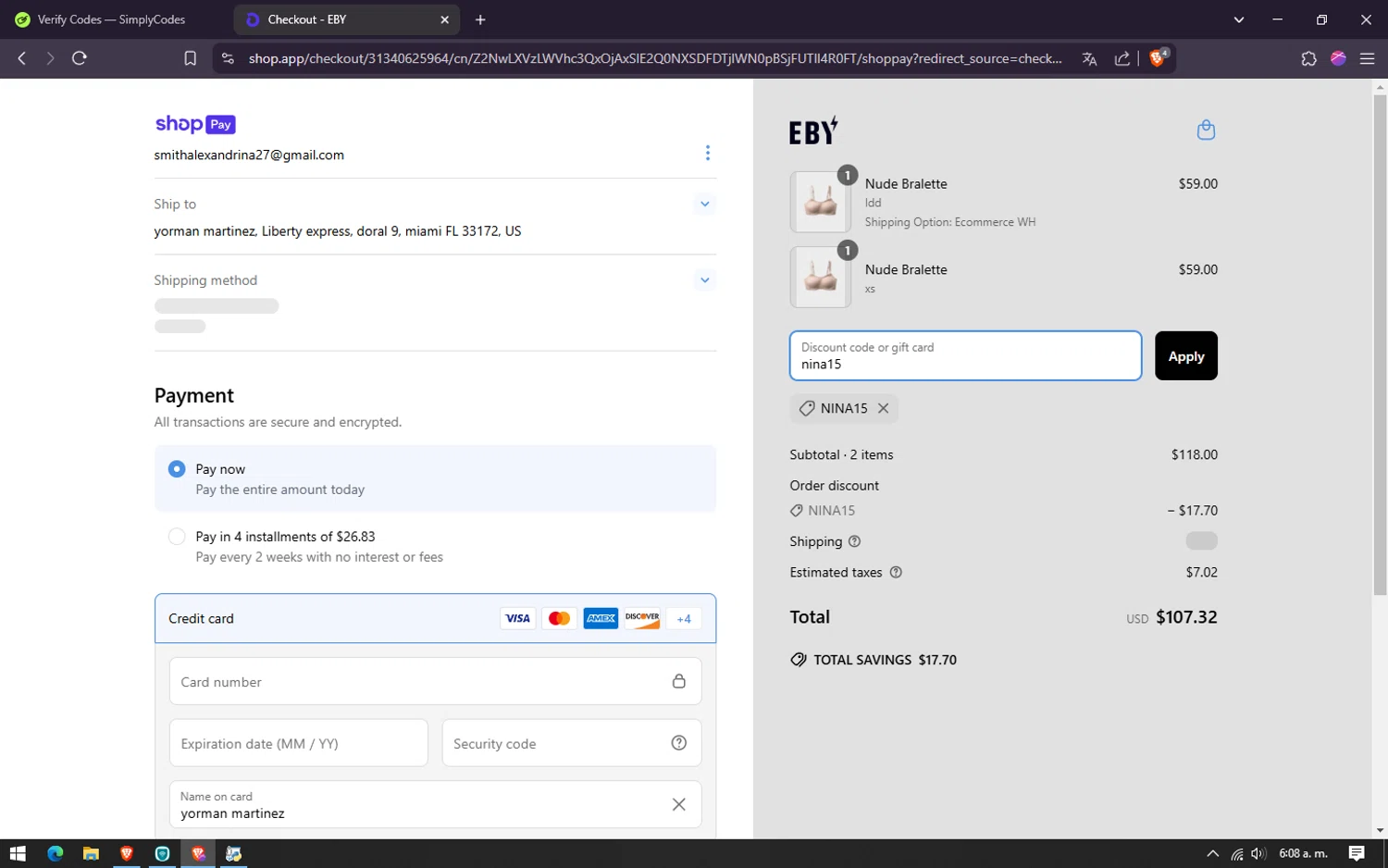 EBY discount code screenshot showing code nina15 applied at EBY checkout page. Uploaded by SimplyCodes community member lareinadecupones on Mar 25, 2025