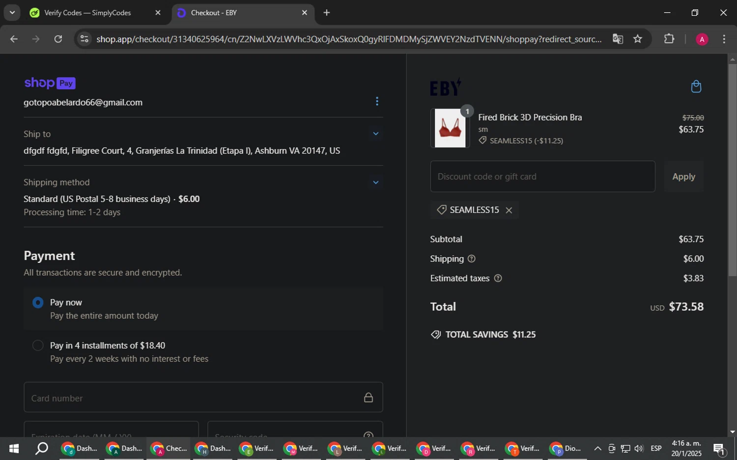 EBY discount code screenshot showing code seamless15 applied at EBY checkout page. Uploaded by SimplyCodes community member BMWGS1200 on Jan 20, 2025