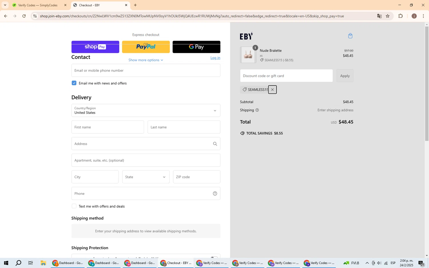 EBY discount code screenshot showing code seamless15 applied at EBY checkout page. Uploaded by SimplyCodes community member GoldChaser6000 on Feb 24, 2025
