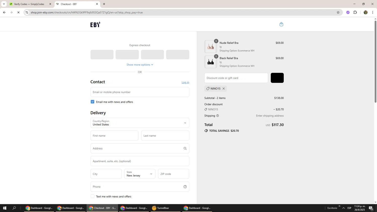 EBY discount code screenshot showing code NINO15 applied at EBY checkout page. Uploaded by SimplyCodes community member Phoenix585 on Aug 27, 2025
