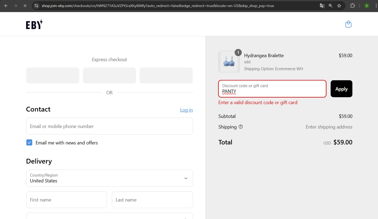 EBY discount code screenshot showing code PANTY applied at EBY checkout page. Uploaded by SimplyCodes community member CodeTiger886 on Aug 23, 2025