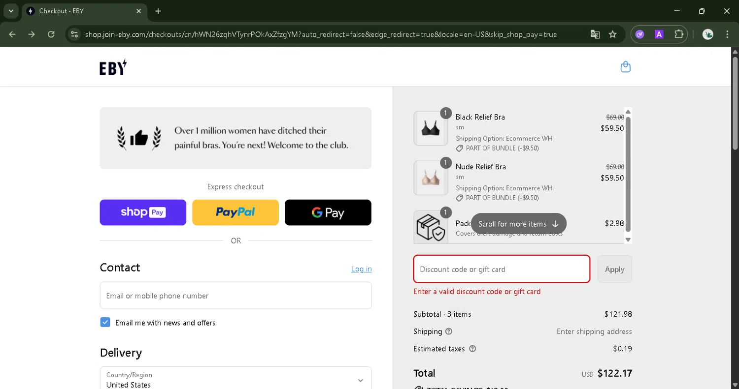 EBY discount code screenshot showing code PANTY applied at EBY checkout page. Uploaded by SimplyCodes community member CristianoRonaldoDosSantos on Aug 23, 2025